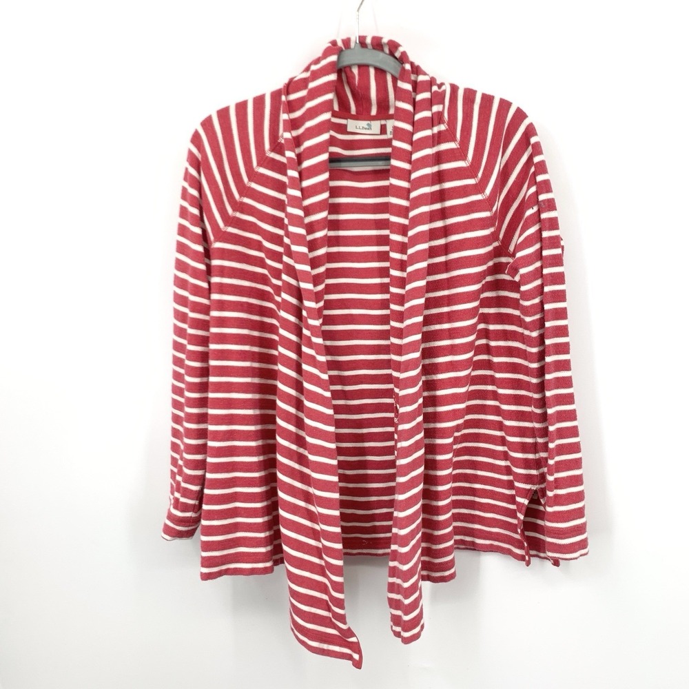 LL Bean Women Size Medium Cardigan Top Open‎ Front Red White Striped Cotton